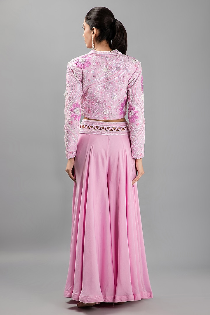 Soft Pastel Pink Organza & Silk Embroidered Wedding Sharara Set by KANJ By Priyanka Sakhuja at Pernia's Pop Up Shop