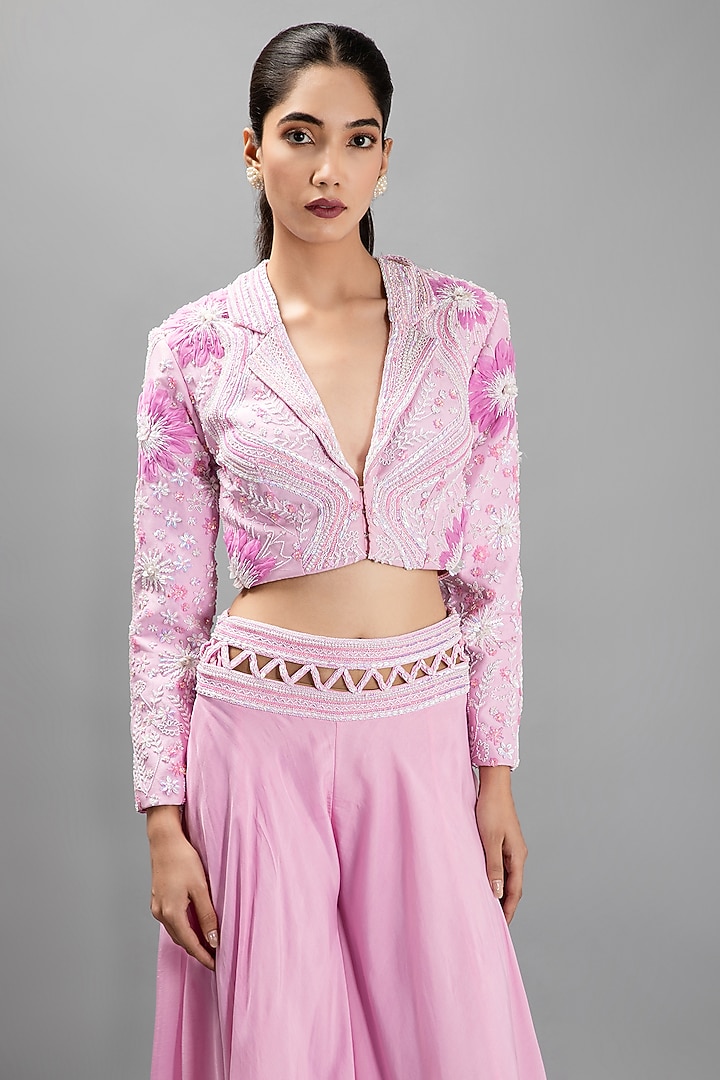 Soft Pastel Pink Organza & Silk Embroidered Wedding Sharara Set by KANJ By Priyanka Sakhuja at Pernia's Pop Up Shop