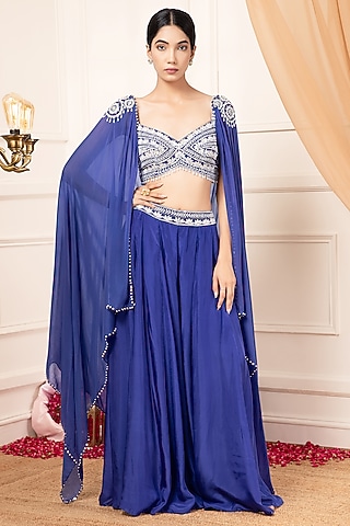 Blue Silk Embroidered Cape Set by KANJ By Priyanka Sakhuja