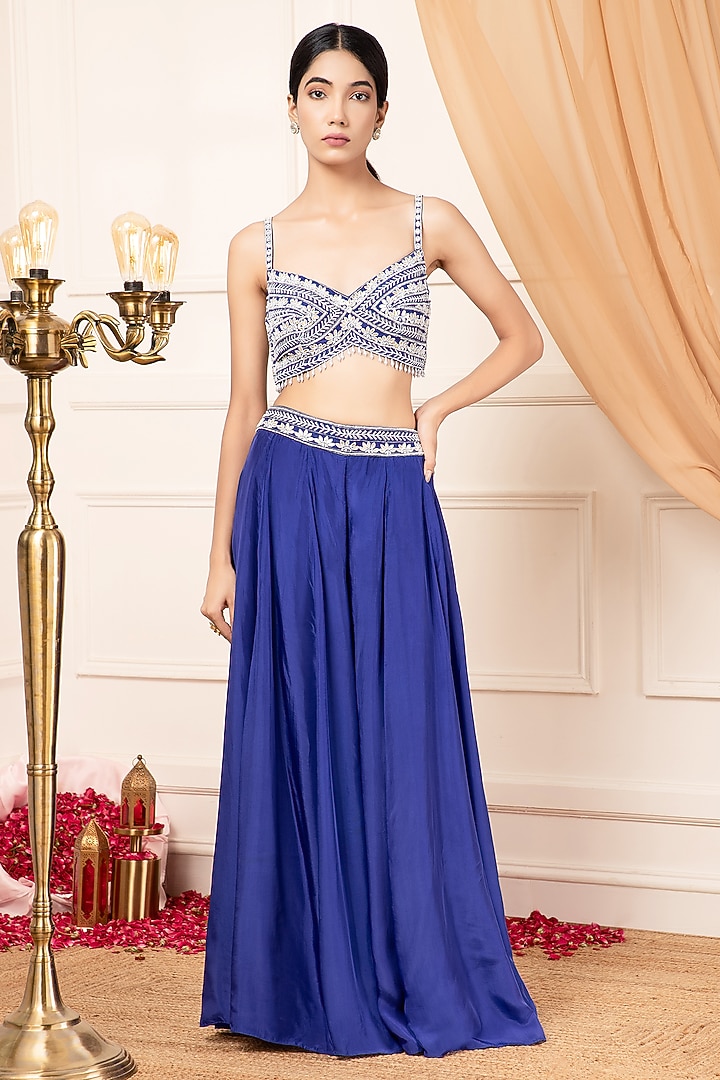 Blue Silk Embroidered Cape Set by KANJ By Priyanka Sakhuja at Pernia's Pop Up Shop