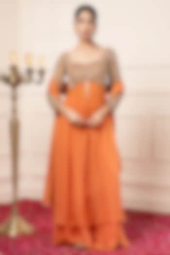 Orange Silk Embroidered Wedding Anarkali Set by KANJ By Priyanka Sakhuja at Pernia's Pop Up Shop