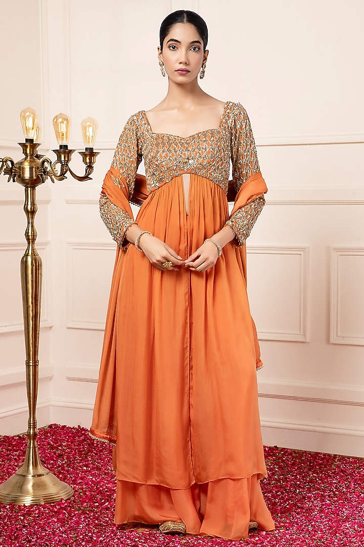 Orange Silk Embroidered Wedding Anarkali Set by KANJ By Priyanka Sakhuja at Pernia's Pop Up Shop
