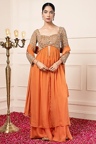 Orange Silk Embroidered Anarkali Set by KANJ By Priyanka Sakhuja