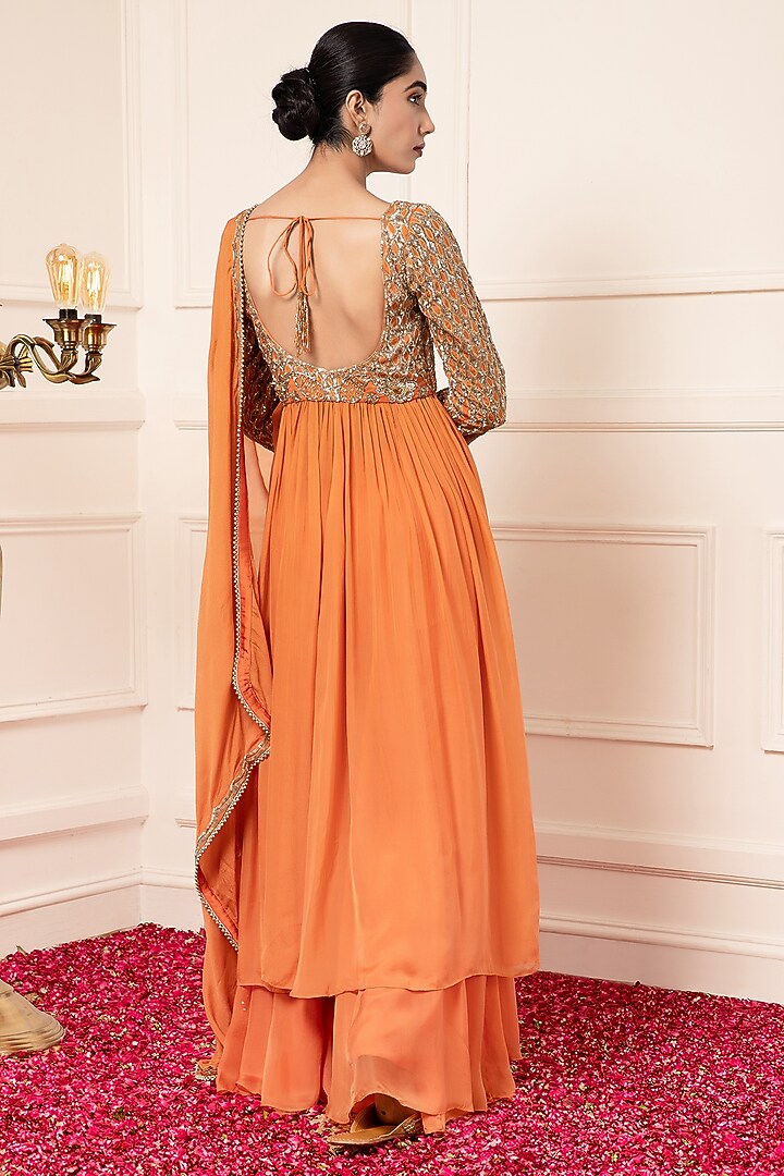 Orange Silk Embroidered Wedding Anarkali Set by KANJ By Priyanka Sakhuja at Pernia's Pop Up Shop