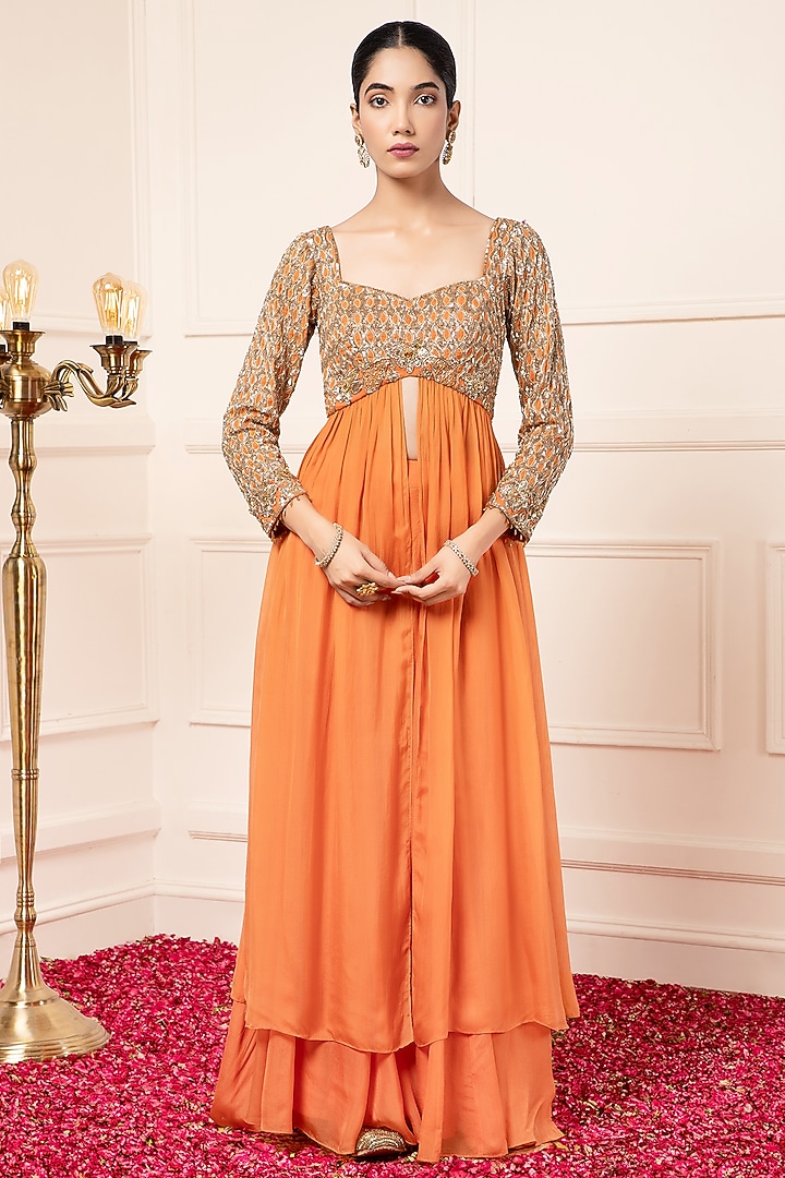 Orange Silk Embroidered Wedding Anarkali Set by KANJ By Priyanka Sakhuja at Pernia's Pop Up Shop