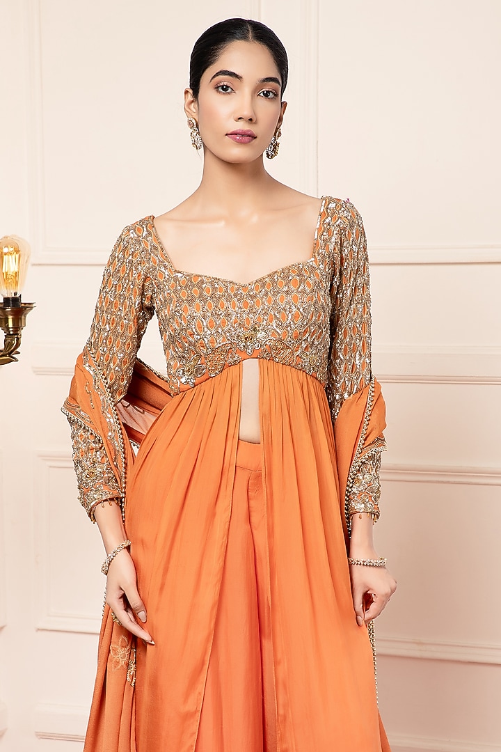 Orange Silk Embroidered Wedding Anarkali Set by KANJ By Priyanka Sakhuja at Pernia's Pop Up Shop