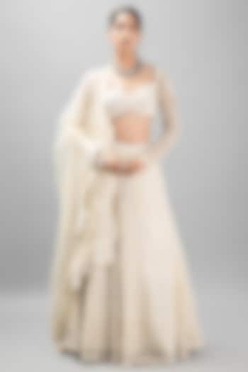 Ivory Satin Embroidered Bridal Lehenga Set by KANJ By Priyanka Sakhuja at Pernia's Pop Up Shop
