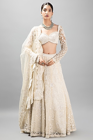 Ivory Satin Embroidered Lehenga Set by KANJ By Priyanka Sakhuja