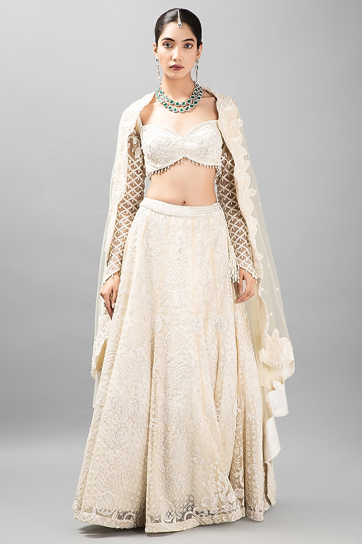 Ivory Satin Embroidered Bridal Lehenga Set by KANJ By Priyanka Sakhuja at Pernia's Pop Up Shop