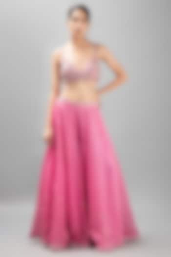 Candy Pink Silk Satin Organza Embroidered Wedding Sharara Set by KANJ By Priyanka Sakhuja at Pernia's Pop Up Shop