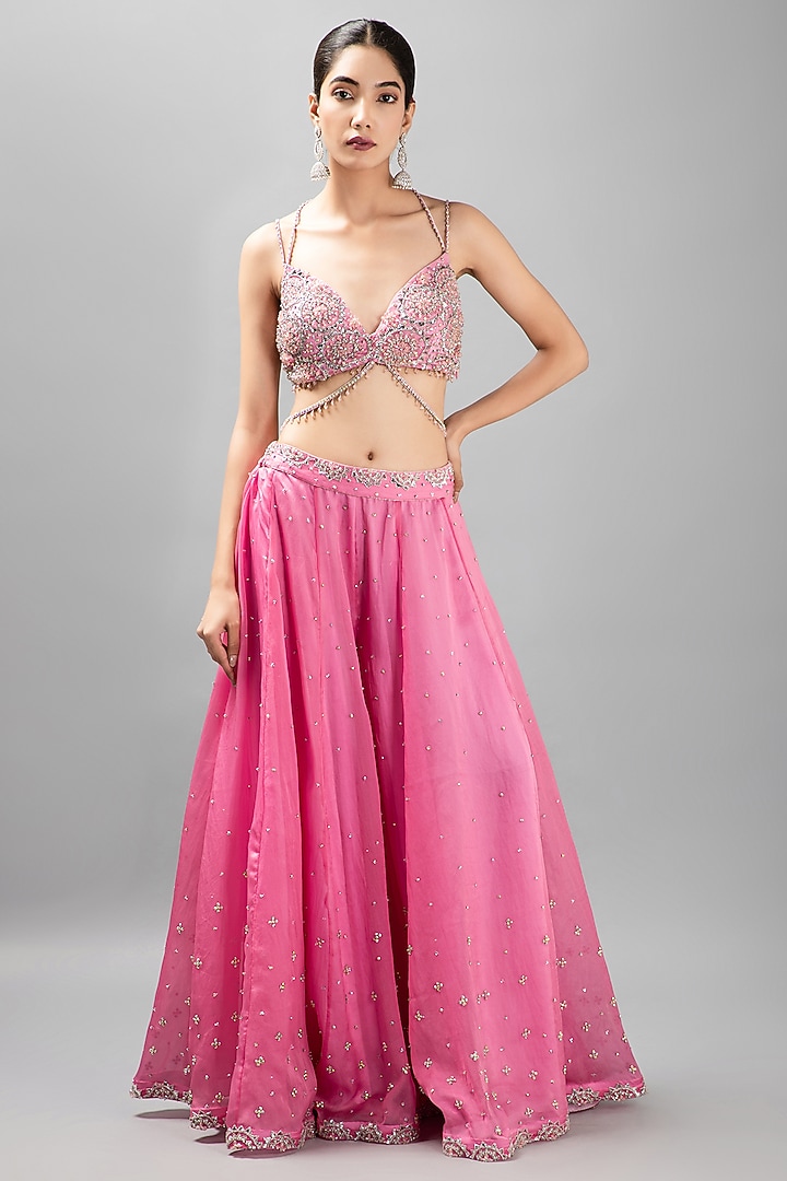 Candy Pink Silk Satin Organza Embroidered Wedding Sharara Set by KANJ By Priyanka Sakhuja at Pernia's Pop Up Shop