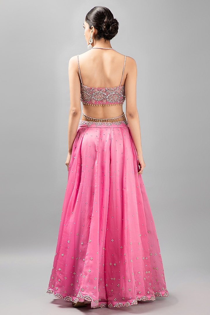 Candy Pink Silk Satin Organza Embroidered Wedding Sharara Set by KANJ By Priyanka Sakhuja at Pernia's Pop Up Shop
