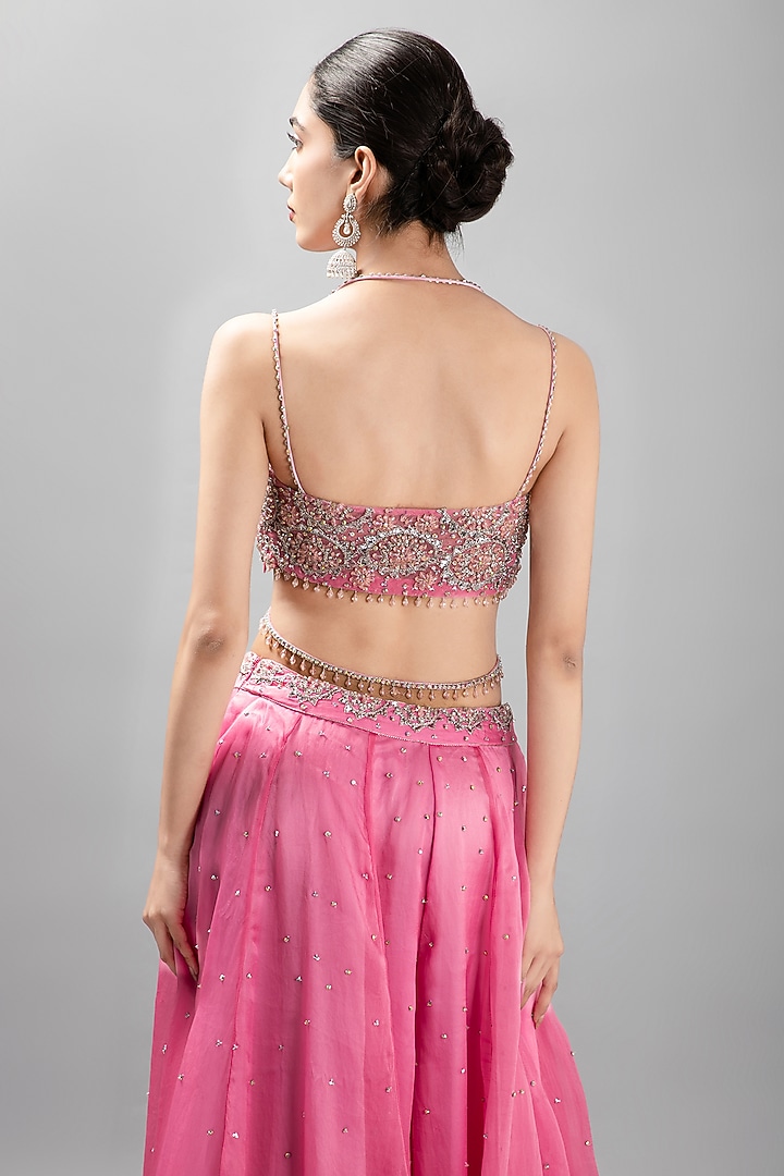 Candy Pink Silk Satin Organza Embroidered Wedding Sharara Set by KANJ By Priyanka Sakhuja at Pernia's Pop Up Shop