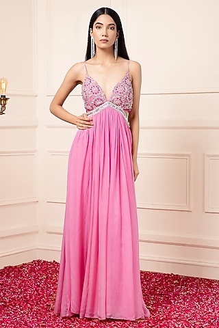 Pink Silk Embroidered Gown by KANJ By Priyanka Sakhuja