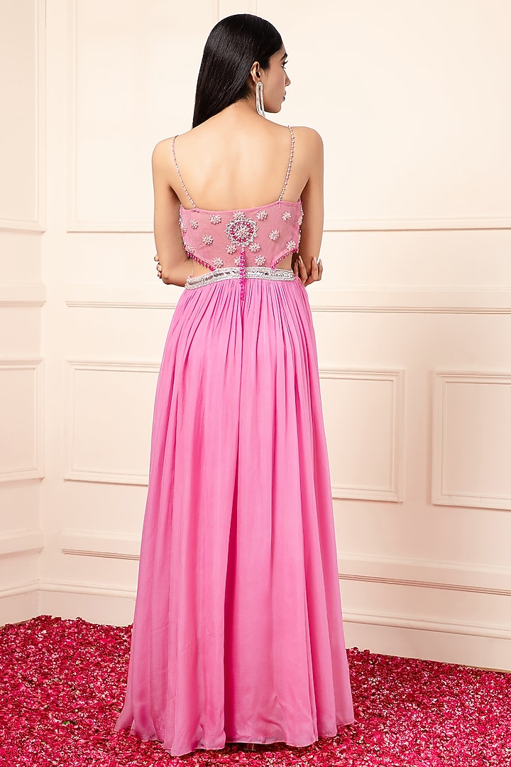 Pink Silk Embroidered Engagement Gown by KANJ By Priyanka Sakhuja at Pernia's Pop Up Shop