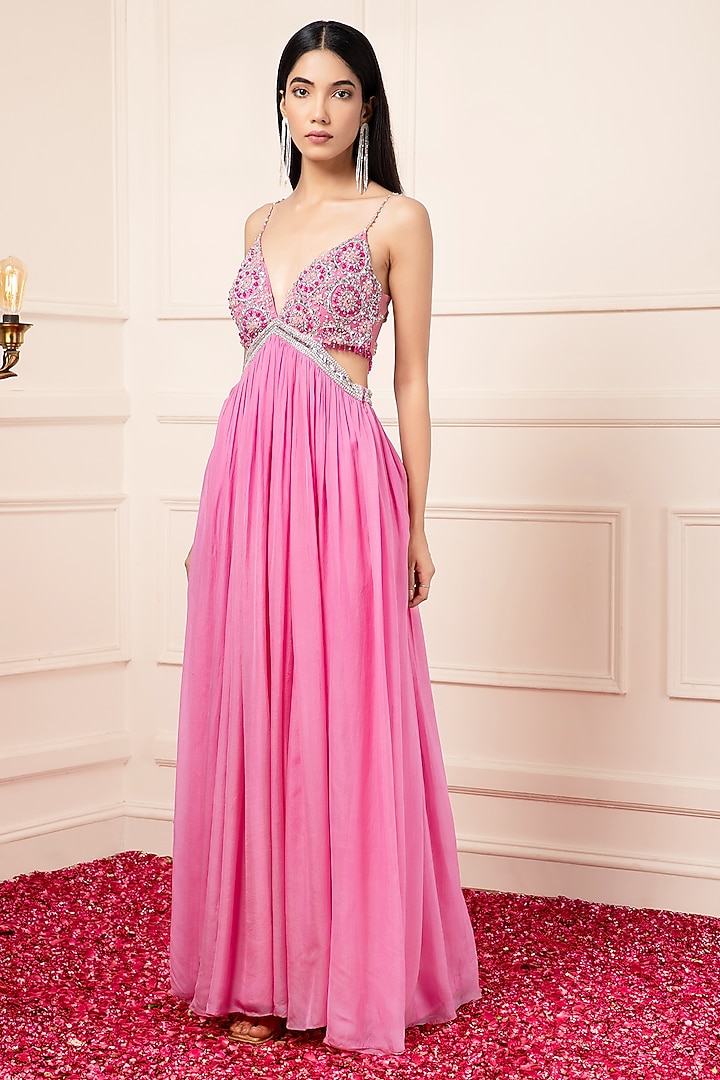 Pink Silk Embroidered Engagement Gown by KANJ By Priyanka Sakhuja at Pernia's Pop Up Shop
