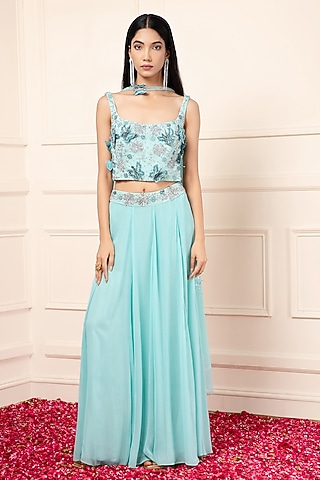 Blue Silk Embroidered Lehenga Set by KANJ By Priyanka Sakhuja