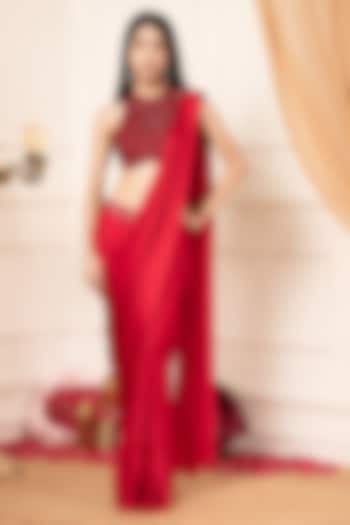 Red Silk Pre-Draped Wedding Saree Set by KANJ By Aruna & Priyanka at Pernia's Pop Up Shop
