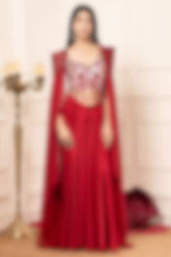 Red Silk Embroidered Cape Set by KANJ By Priyanka Sakhuja at Pernia's Pop Up Shop