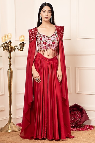 Red Silk Embroidered Cape Set by KANJ By Priyanka Sakhuja