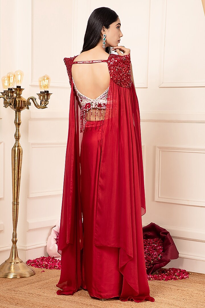 Red Silk Embroidered Cape Set by KANJ By Priyanka Sakhuja at Pernia's Pop Up Shop