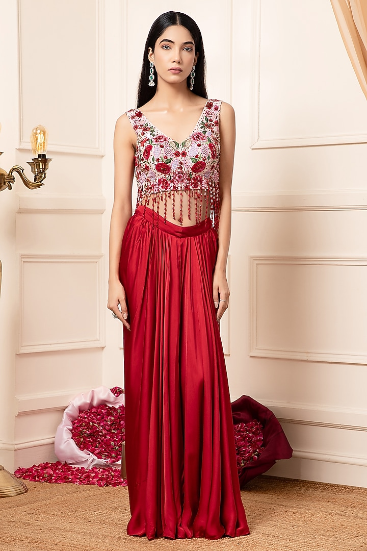 Red Silk Embroidered Cape Set by KANJ By Priyanka Sakhuja at Pernia's Pop Up Shop