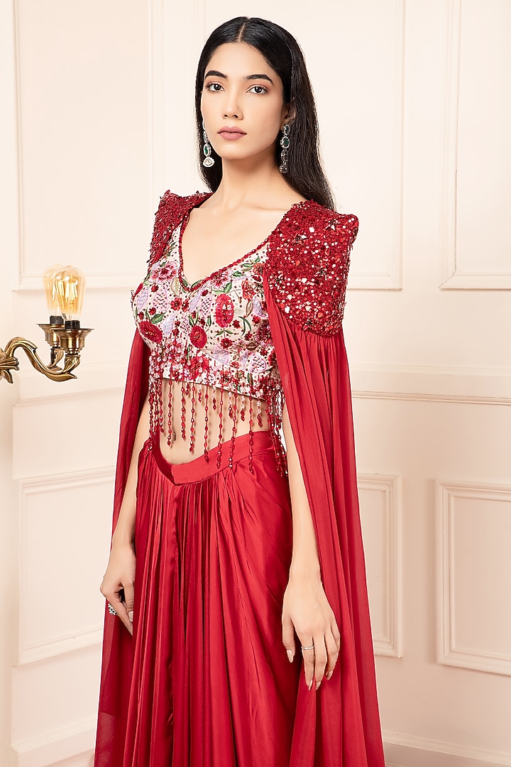 Red Silk Embroidered Cape Set by KANJ By Priyanka Sakhuja at Pernia's Pop Up Shop