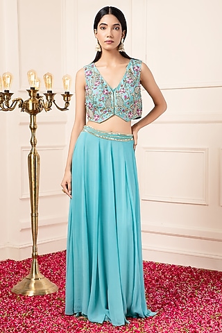 Blue Silk Embroidered Lehenga Set by KANJ By Priyanka Sakhuja