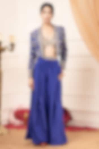 Blue Silk Habutai Embroidered Jacket Set by KANJ By Aruna & Priyanka at Pernia's Pop Up Shop