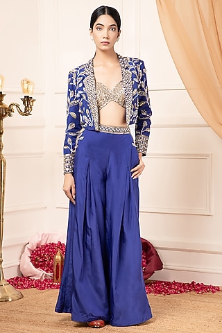 Blue Silk Habutai Embroidered Jacket Set by KANJ By Priyanka Sakhuja
