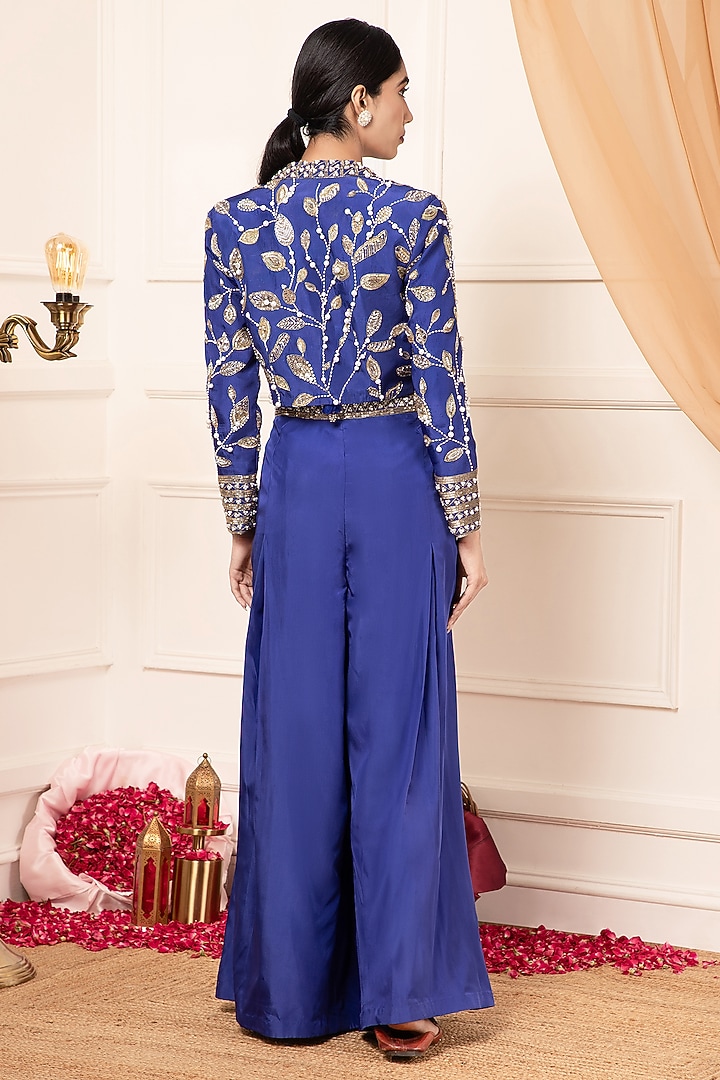 Blue Silk Habutai Embroidered Jacket Set by KANJ By Priyanka Sakhuja at Pernia's Pop Up Shop