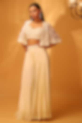 Ivory Flat Chiffon Silk Embroidered Jacket Set by KANJ By Priyanka Sakhuja at Pernia's Pop Up Shop