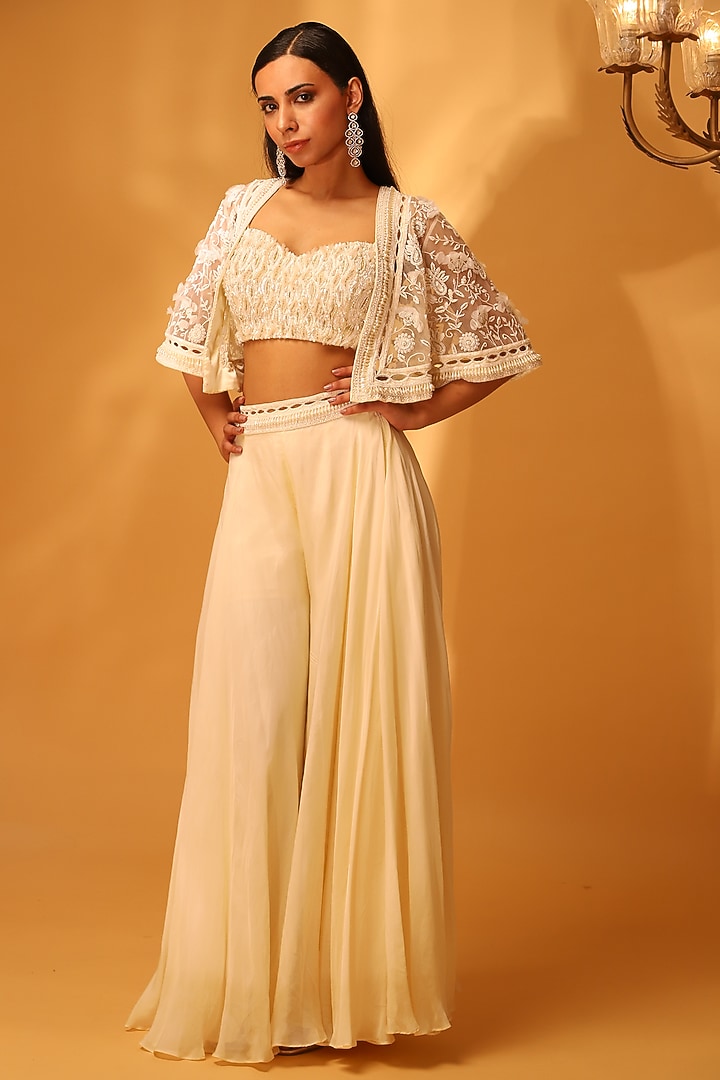 Ivory Flat Chiffon Silk Embroidered Jacket Set by KANJ By Priyanka Sakhuja at Pernia's Pop Up Shop