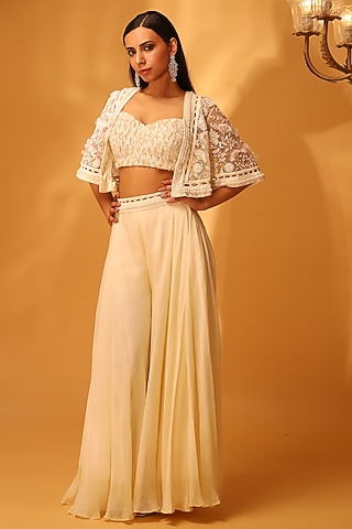Ivory Flat Chiffon Silk Embroidered Jacket Set by KANJ By Priyanka Sakhuja