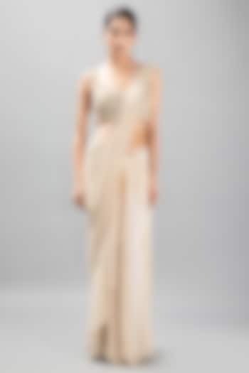 Ivory Silk Chiffon Pre-Draped Wedding Saree Set by KANJ By Priyanka Sakhuja at Pernia's Pop Up Shop