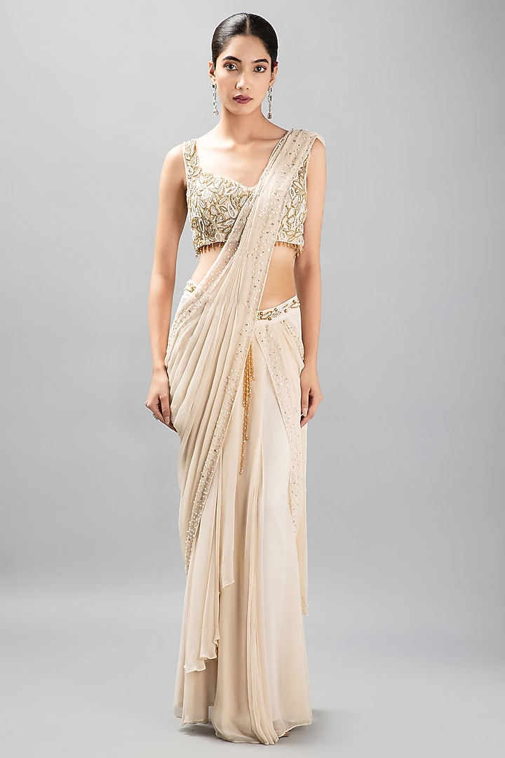 Ivory Silk Chiffon Pre-Draped Wedding Saree Set by KANJ By Priyanka Sakhuja at Pernia's Pop Up Shop