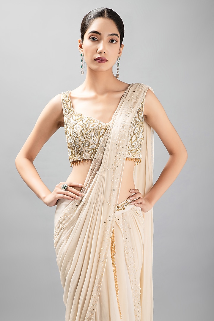 Ivory Silk Chiffon Pre-Draped Wedding Saree Set by KANJ By Priyanka Sakhuja at Pernia's Pop Up Shop