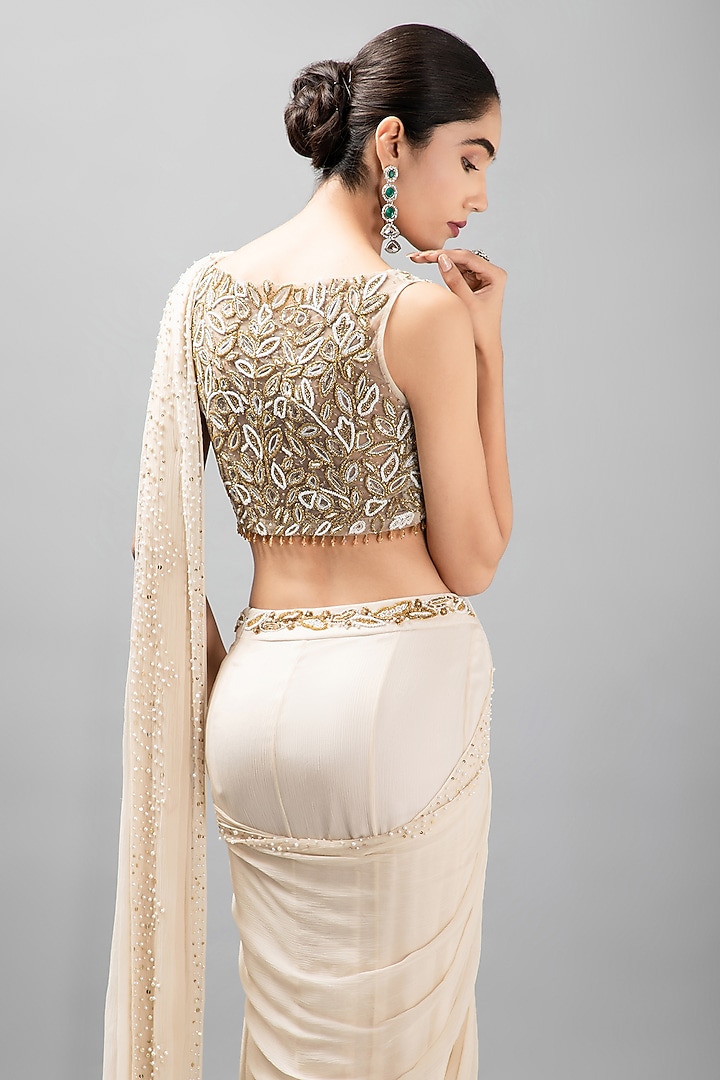 Ivory Silk Chiffon Pre-Draped Wedding Saree Set by KANJ By Priyanka Sakhuja at Pernia's Pop Up Shop