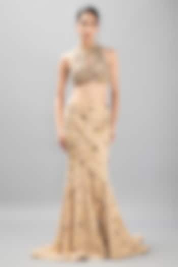 Beige Viscose Crepe Embroidered Mermaid Bridal Lehenga Set by KANJ By Priyanka Sakhuja at Pernia's Pop Up Shop