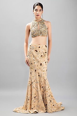 Beige Viscose Crepe Embroidered Mermaid Lehenga Set by KANJ By Priyanka Sakhuja