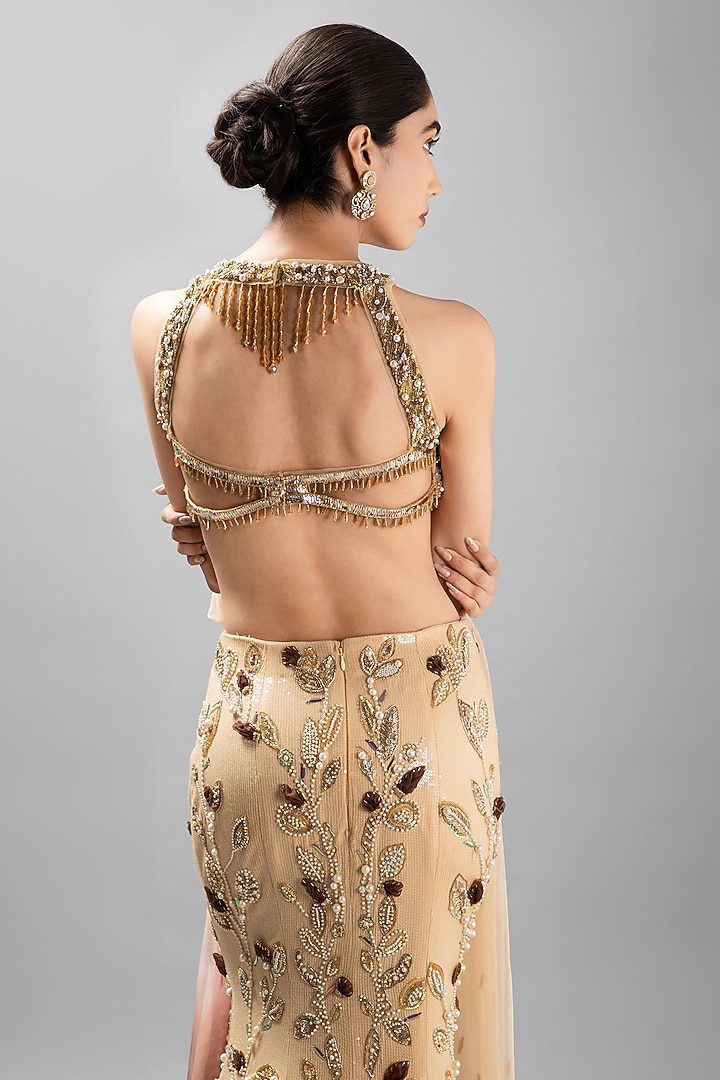 Beige Viscose Crepe Embroidered Mermaid Bridal Lehenga Set by KANJ By Priyanka Sakhuja at Pernia's Pop Up Shop
