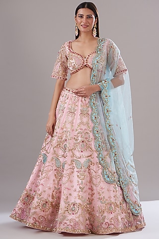 Pink Viscose Hand Embroidered Lehenga Set by KANJ By Priyanka Sakhuja