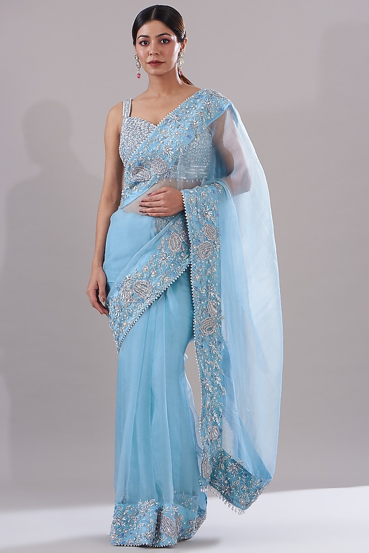 Blue Silk Organza Sequins & Dabka Embroidered Saree Set by KANJ By Aruna & Priyanka