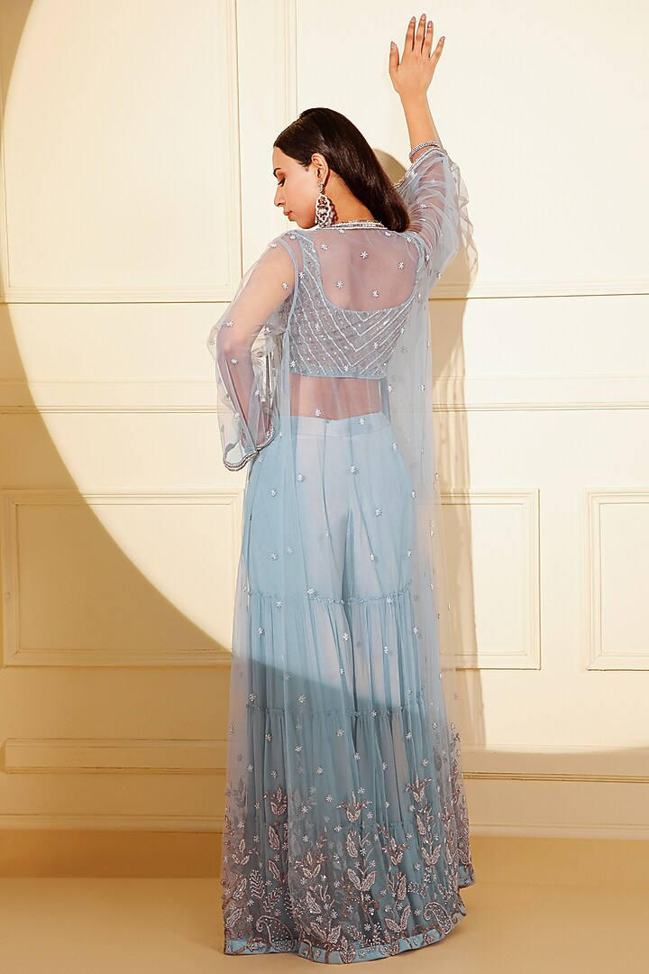 Blue Silk Crepe Embroidered Cape Set by KANJ By Priyanka Sakhuja at Pernia's Pop Up Shop
