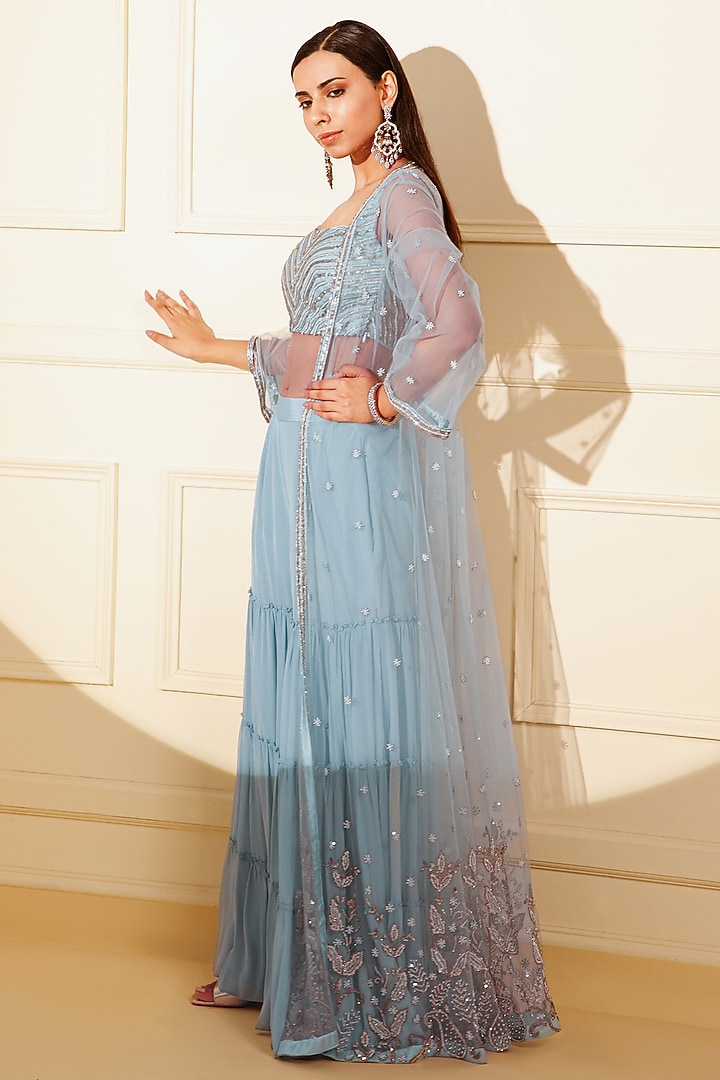 Blue Silk Crepe Embroidered Cape Set by KANJ By Priyanka Sakhuja at Pernia's Pop Up Shop