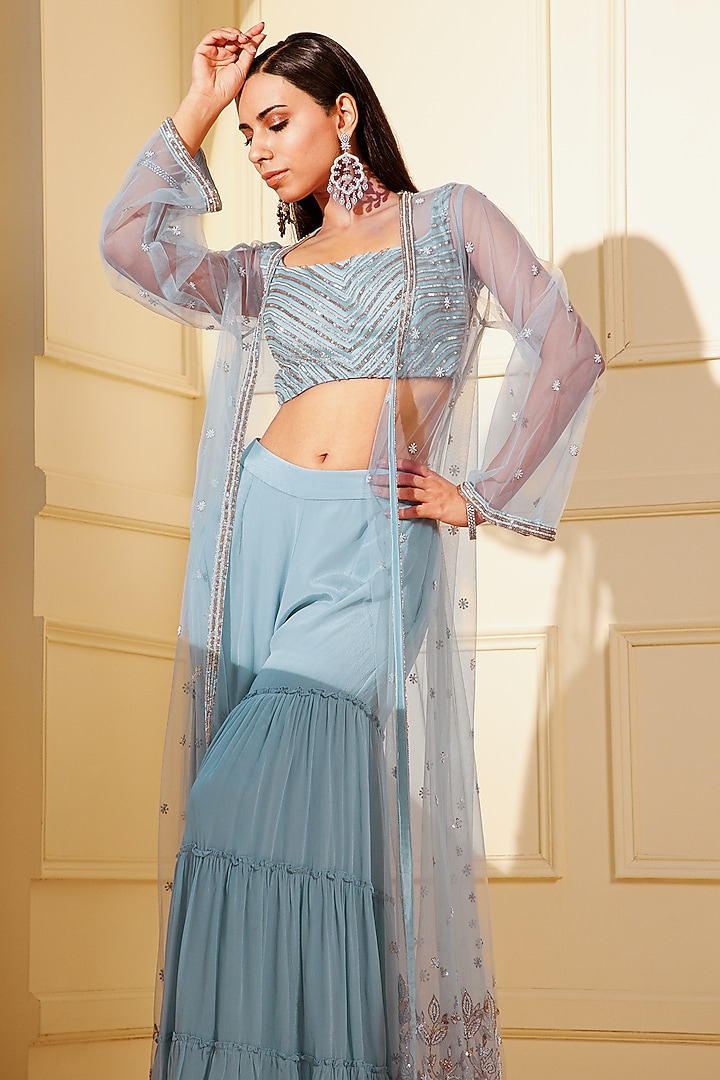 Blue Silk Crepe Embroidered Cape Set by KANJ By Priyanka Sakhuja at Pernia's Pop Up Shop