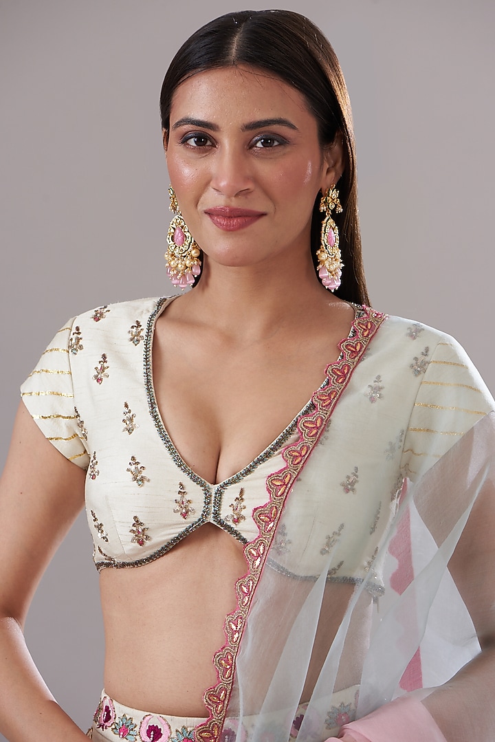 Ivory Raw Silk Hand Embroidered Wedding Lehenga Set by KANJ By Priyanka Sakhuja at Pernia's Pop Up Shop