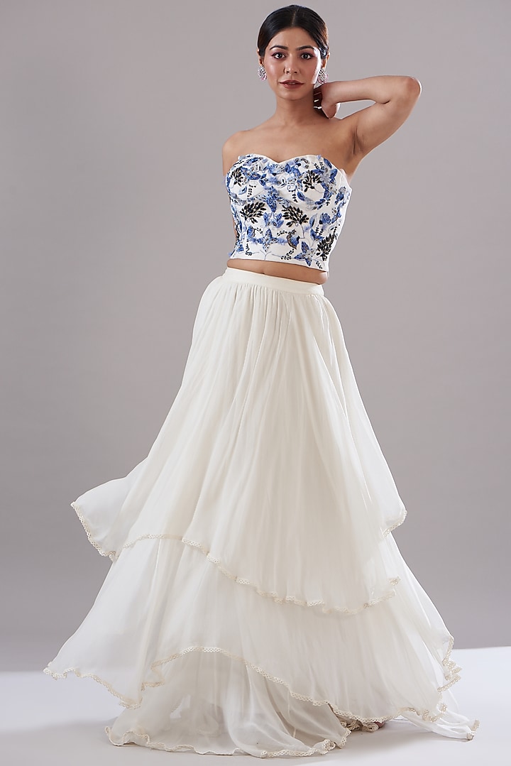 White Silk Georgette Layered Skirt Set by KANJ By Aruna & Priyanka