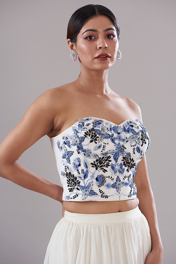 White Silk Georgette Layered Skirt Set by KANJ By Priyanka Sakhuja at Pernia's Pop Up Shop