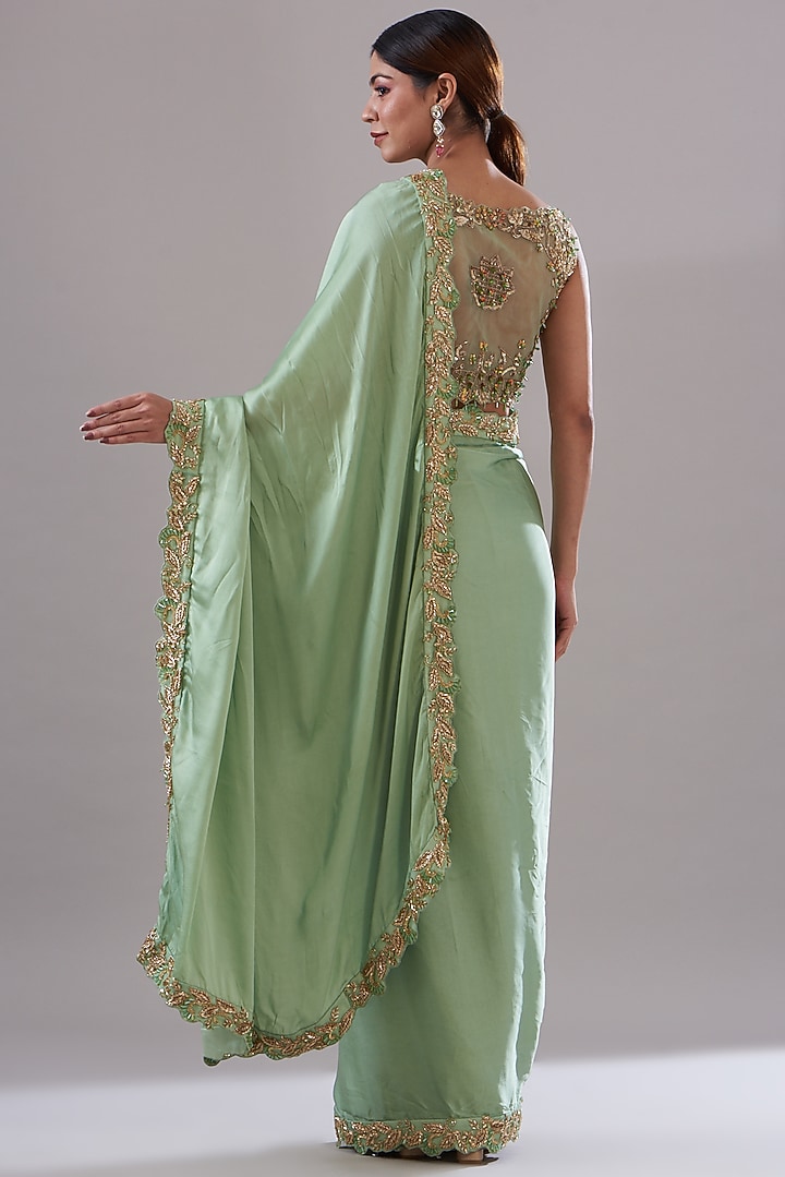 Green Silk Satin Zardosi Embroidered Wedding Saree Set by KANJ By Priyanka Sakhuja at Pernia's Pop Up Shop